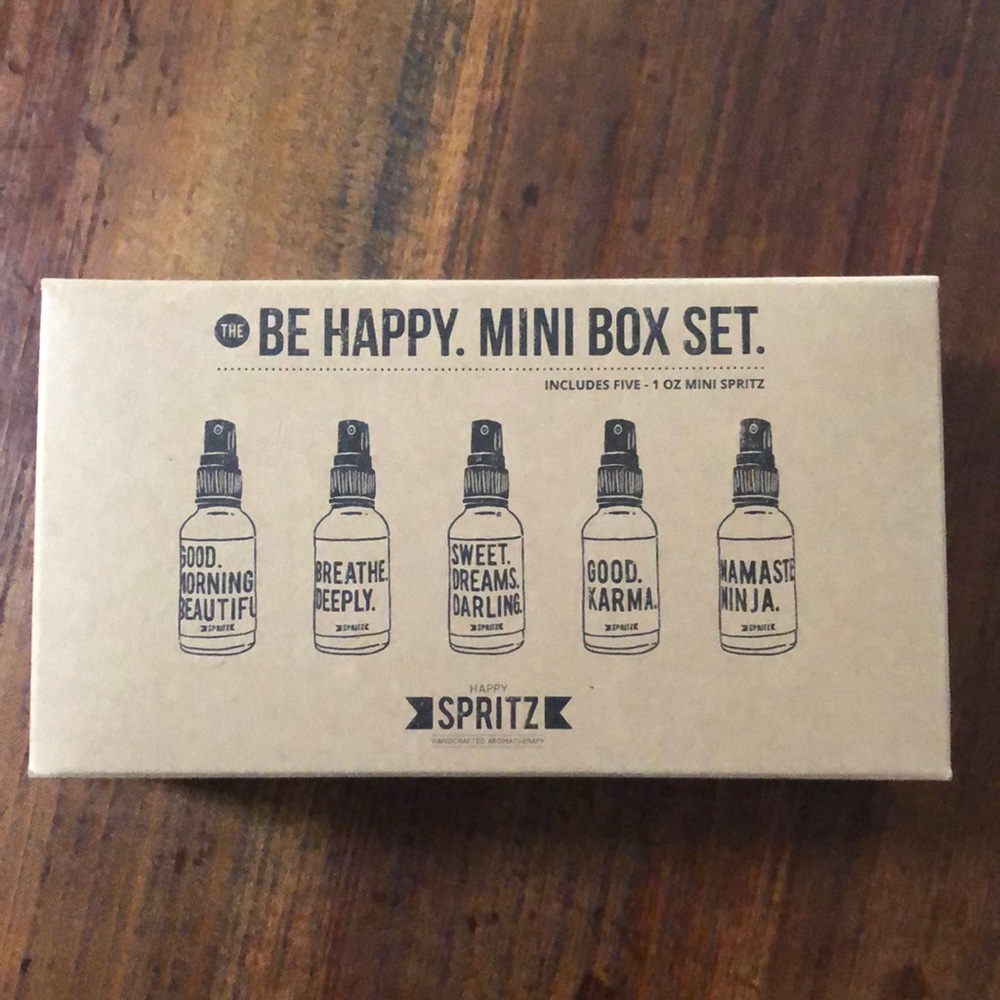 Set of five aromatherapy sprays for body, linen, or room by Happy Spritz